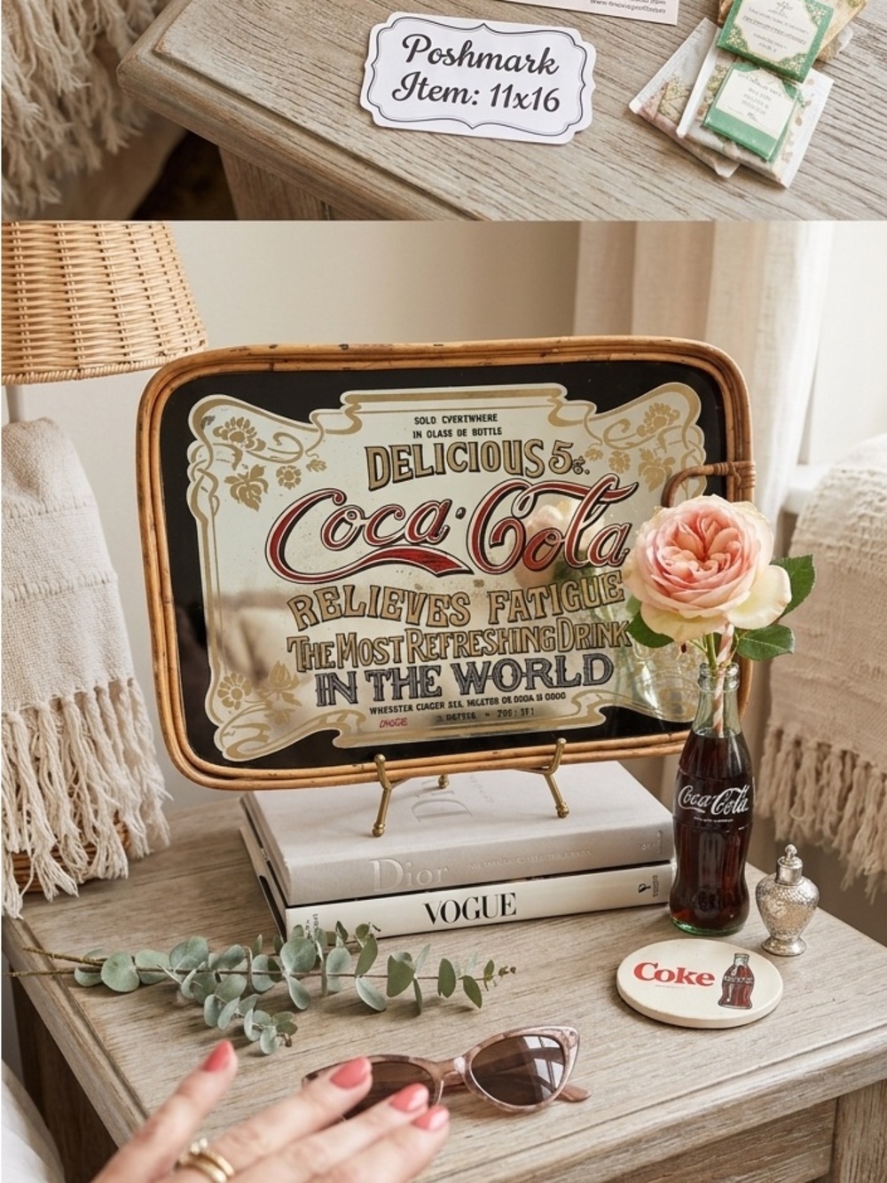 Vintage Coca-Cola Mirror Tray Wicker Rattan Frame Soda Advertising‎ Sign 16x11